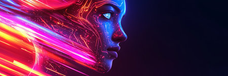 Futuristic Woman with Glowing Circuits and Holographic Elements A Portrait of AI Entityの素材