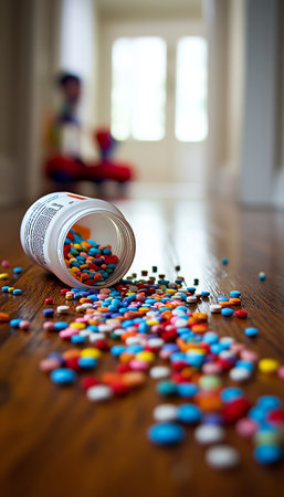 Spilled Colorful Pills On Floor, Highlighting The Dangers Of Accidental Child Poisoningの素材