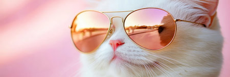 Closeup Of White Cat Wearing Oversized Mirrored Aviator Sunglasses, Reflecting Sunset Background.の素材