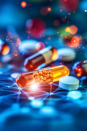 Pharmaceutical Innovation Pills And Capsules On An Abstract Background With Bokeh.の素材