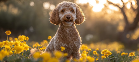 Adorable Golden Doodle Puppy Enjoys the Warm Sunshine While Relaxing in a Field of Yellow Flowersの素材