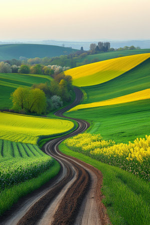 Winding Dirt Road Through Rolling Hills of Green and Gold Abstract Patterns in Agricultureの素材