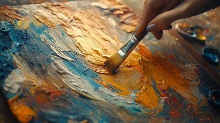 Artist s Hand, Paintbrush, Vibrant Palette Texture Close-Up on an Acrylic Painting Process.の素材