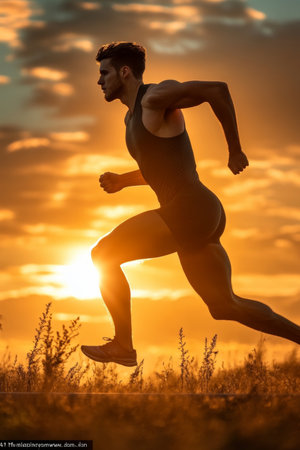 Silhouette Of Male Athlete Running In Nature During Sunset, Fitness, Healthy Lifestyleの素材