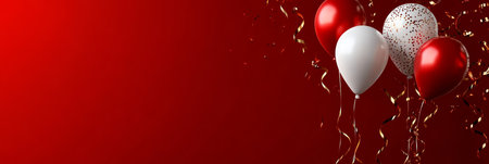 Festive Background Red, White Balloons, Golden Confetti, and Streamers on a Vibrant Red Backdropの素材