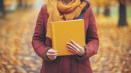 Unrecognizable Woman Holding Yellow Book, Autumn Stroll in Park, Warm Colors, Cozy Seasonの素材