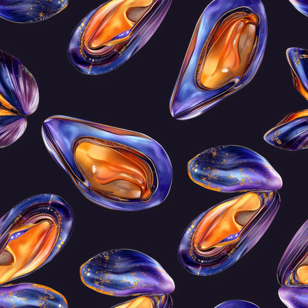 Seamless Pattern Of Photorealistic Mussels On A Black Background, Seafood Delicacy Designの素材
