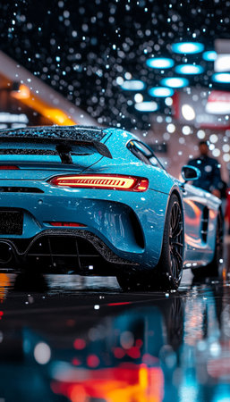 Luxury Sports Car Displayed Under Spotlights, Blurred Background with Bokeh, Copy Spaceの素材