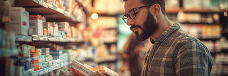 Man Choosing Medication in Pharmacy Aisle, Health and Wellness Focus with Blurred Backgroundの素材