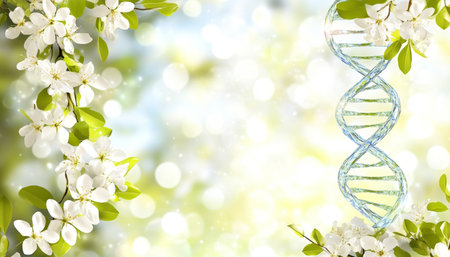 DNA Strand with Spring Blossom Border, Representing Genetics, Life, and Nature s Beautyの素材