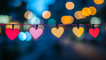 Glowing Hearts on String Lights, Romantic Bokeh Background for Valentine s Day Celebrationsの素材