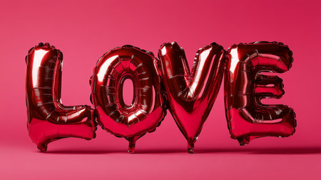 Red Foil Balloons Forming The Word LOVE On A Pink Background, Valentine s Day Conceptの素材
