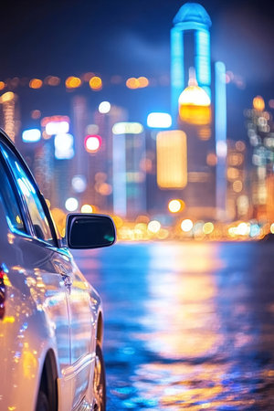 Modern White Electric Car Parked in the City,with Blurred Cityscape Background at twilight.の素材