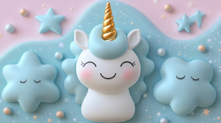 Adorable 3D Cartoon Unicorn Amidst Blue Clouds, Stars, and Pearls on Fantasy Pastel Backgroundの素材