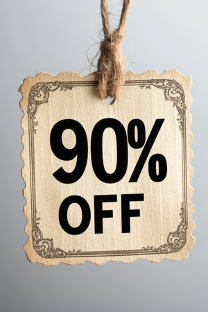 Rustic Wooden Gift Tag Advertising a Generous 90 Off Discount, Isolated on a Neutral Background.の素材