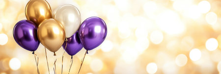 Bunch of Shiny Purple, Bronze, and White Balloons on a Blurry Bronze and Gold Backgroundの素材