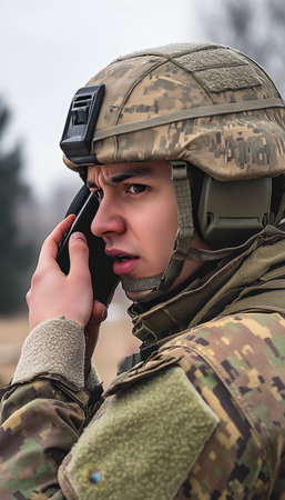 Focused Soldier in Combat Zone Urgent Communication During Military Training Exerciseの素材