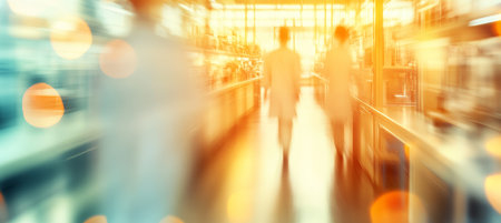 Blurred Researchers Walking in a Modern Laboratory, Abstract Science and Technology Backgroundの素材