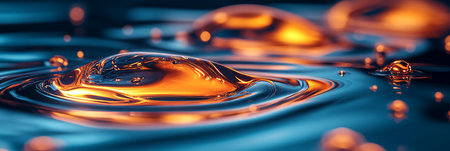 Abstract Liquid Art A Metallic Orange Droplet Creates Mesmerizing Ripples on a Glossy Teal Surfaceの素材