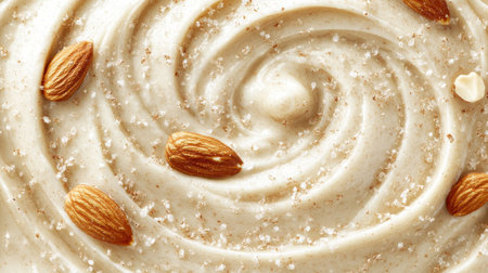 Vegan almond milk splash swirl background. Alternative milk concept. Top view, close up.の素材