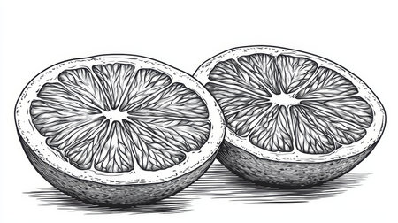 Two Halves Of Orange. Detailed Hand Drawn Vector Illustration. Black Line Isolated On White.の素材