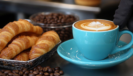 Coffee shop vibes Freshly brewed latte with art, coffee beans and croissants on a table..の素材