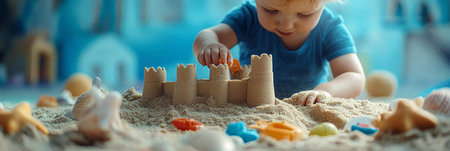 Little architect builds a sand castle, Surrounded kid hand makes with shapes of sand outdoors.,の素材