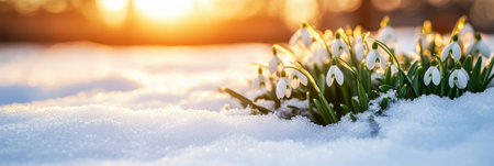 Delicate Snowdrop Flowers Emerge Through Snow on a Sunny Winter Day, Signaling the Arrival of Springの素材