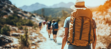 Following The Leader Adventures On A Sunny Hiking Trail In Majestic Mountainous Landscapeの素材