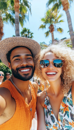 Enthusiastic Young Couple Selfies at a Lively Summer Festival, Embracing Sunshine and Good Timesの素材