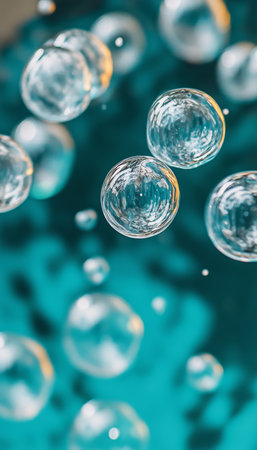 Tranquil Turquoise Background with Floating Water Bubbles, Abstract Texture and Pattern Designの素材