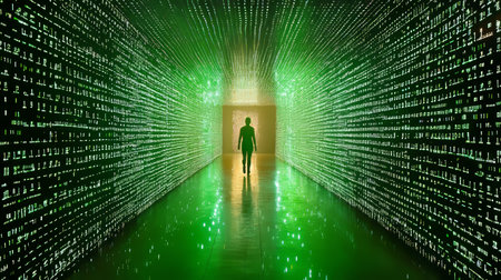 Digital Corridor, Green Binary Code Abstract Technology and Business Background Conceptの素材