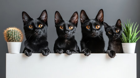 Four Curious Black Cats with Bright Eyes Peeking Over a Blank White Surface with Plants on Each Sideの素材