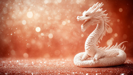 White Crystal Dragon Figurine on Red Sparkling Background, Lunar New Year 2024 Concept, Copy Spaceの素材