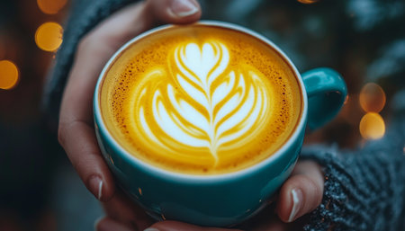 Woman Holding a Turquoise Mug with Latte Art, Festive Bokeh Background for Holiday Season Beverage.の素材