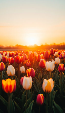 Golden Hour Tulip Field A Vibrant Spring Scene of Blooming Tulips in a Public Gardenの素材