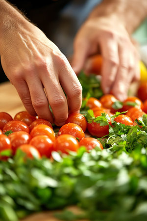 Fresh. From the Garden Hands Carefully Sorting Ripe Cherry Tomatoes for a Delicious Mealの素材