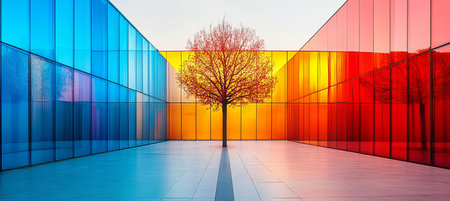 Colorful Modern Architecture Glass Buildings with Vibrant Facades and a Tree in the Centerの素材