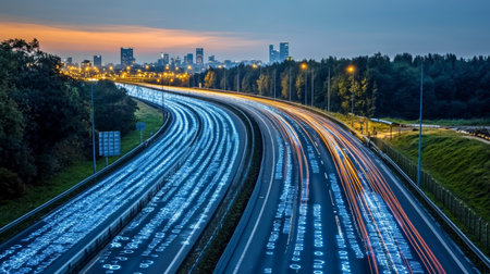 Digital Data Highway, Long Exposure of Cityscape with Light Trails Symbolizing Data Flowの素材