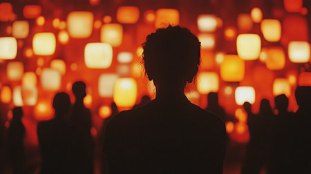 Silhouetted Figure Amidst a Sea of Glowing Orange Lights, Evoking Celebration and Wonderの素材