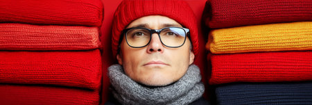Stylish Man in Red Beanie Pensively Gazing Upwards, Surrounded by Stacked, Vibrant Knitwearの素材