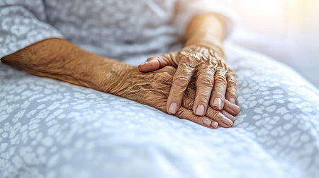 Close-Up Of Elderly Patient s Hands Resting On Hospital Bed, Concept For Senior Care And Supportの素材