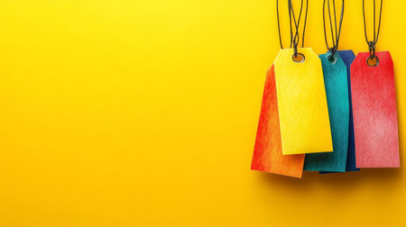Colorful sale tags on a yellow background, promotional concept for retail and shoppingの素材