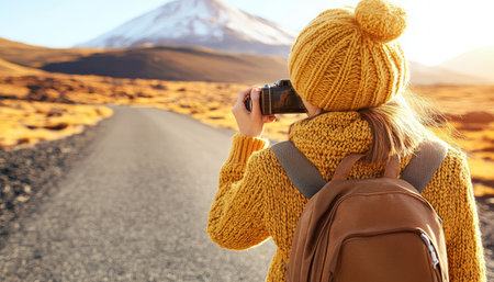 Woman In Yellow Taking A Photo On A Scenic Mountain Road, Travel And Adventure Conceptの素材