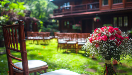 Rustic Garden Wedding Ceremony, Floral Decorations, Idyllic Outdoor Venue, Natural Lightの素材