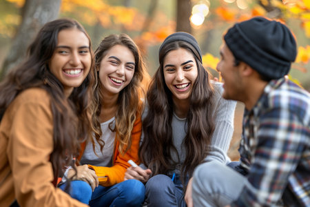 Joyful Friends Share Laughter and Heartfelt Conversation Amidst the Vibrant Colors of an Autumn Parkの素材