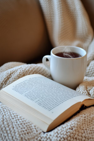 Cozy Winter Day Relaxing with a Book and Steaming Cup of Tea on a Soft, Knitted Blanketの素材