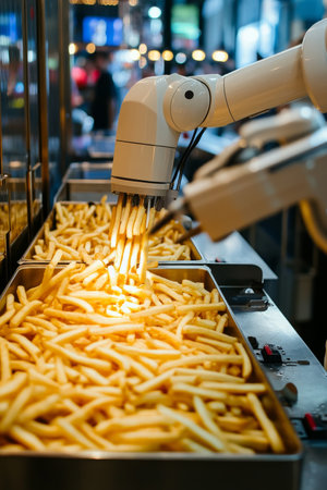 Robot Chef Masterfully Prepares and Fries Golden French Fries in Modern Restaurant Kitchen.の素材