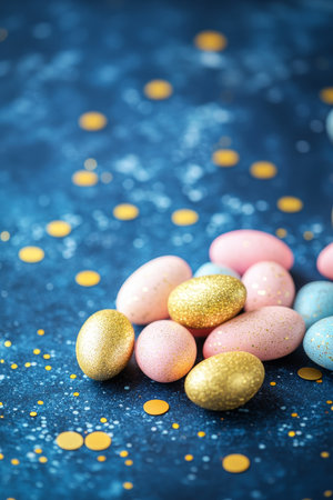 Pastel and Gold Easter Eggs on Blue Background with Confetti, Festive Spring Holiday Decorationの素材
