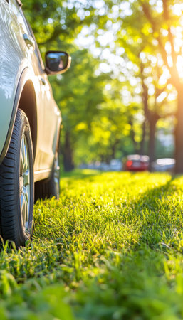 Modern Car Parked On A Grass Lawn By The Road, Tranquil Sunny Summer Day. Copy Space Backgroundの素材